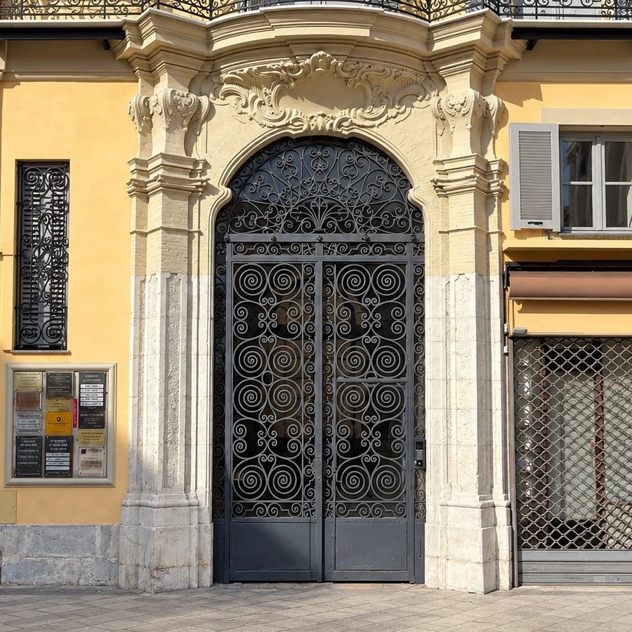 L’entrée du 5 rue de la Préfecture à Nice : la grande grille en fer forgé sous le balcon